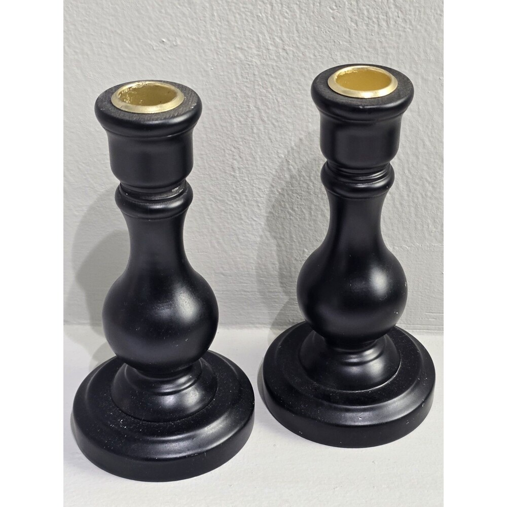 Black Wooden Taper Candle Holders Set Of 2 Matte Traditional Country Candlestick